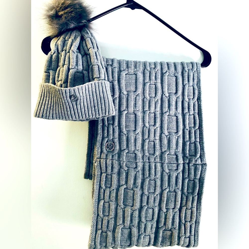 Infinity scarf and faux fur pom pom hat